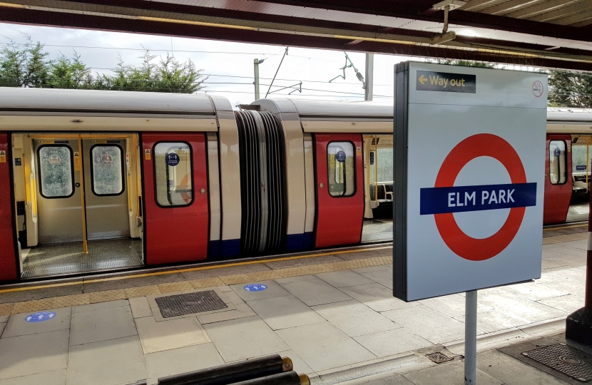 An Underground train at Elm Park station.